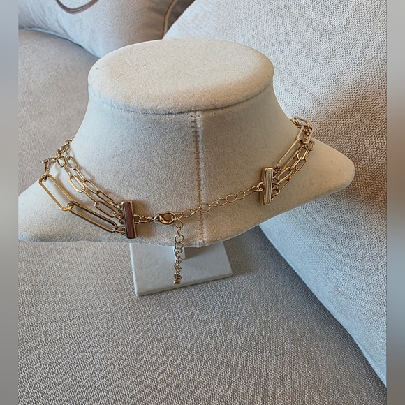 Gold Tone Layered Paperclip Chain Necklace Adjustable - Picture 5 of 5